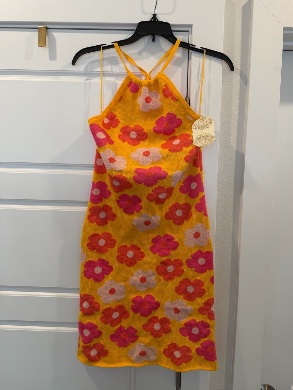 Alter’d State NWT Yellow Floral Knit Halter Mini Dress Size M Retro Mod